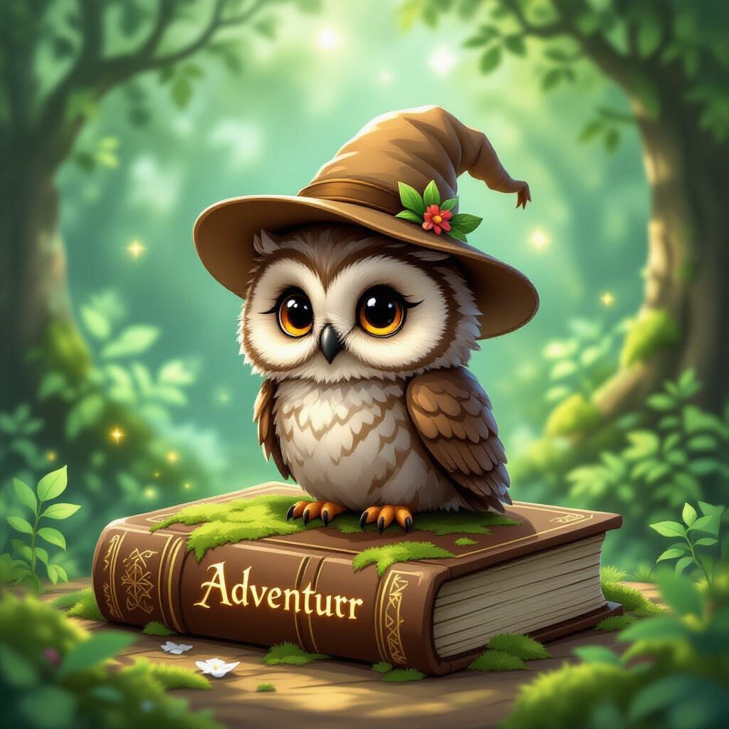 Whimsical Chibi Owl Adventurer in Enchanted Forest