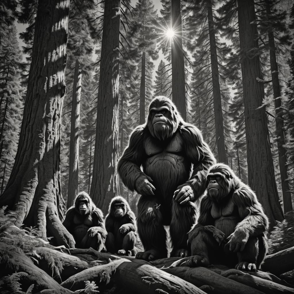 Sasquatch Family Portrait in Ansel Adams Style