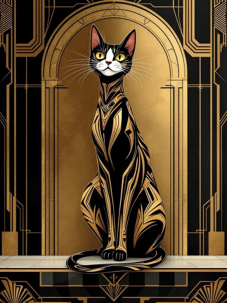 Sleek Art Deco Cat in Luxurious Gold and Black Patterns