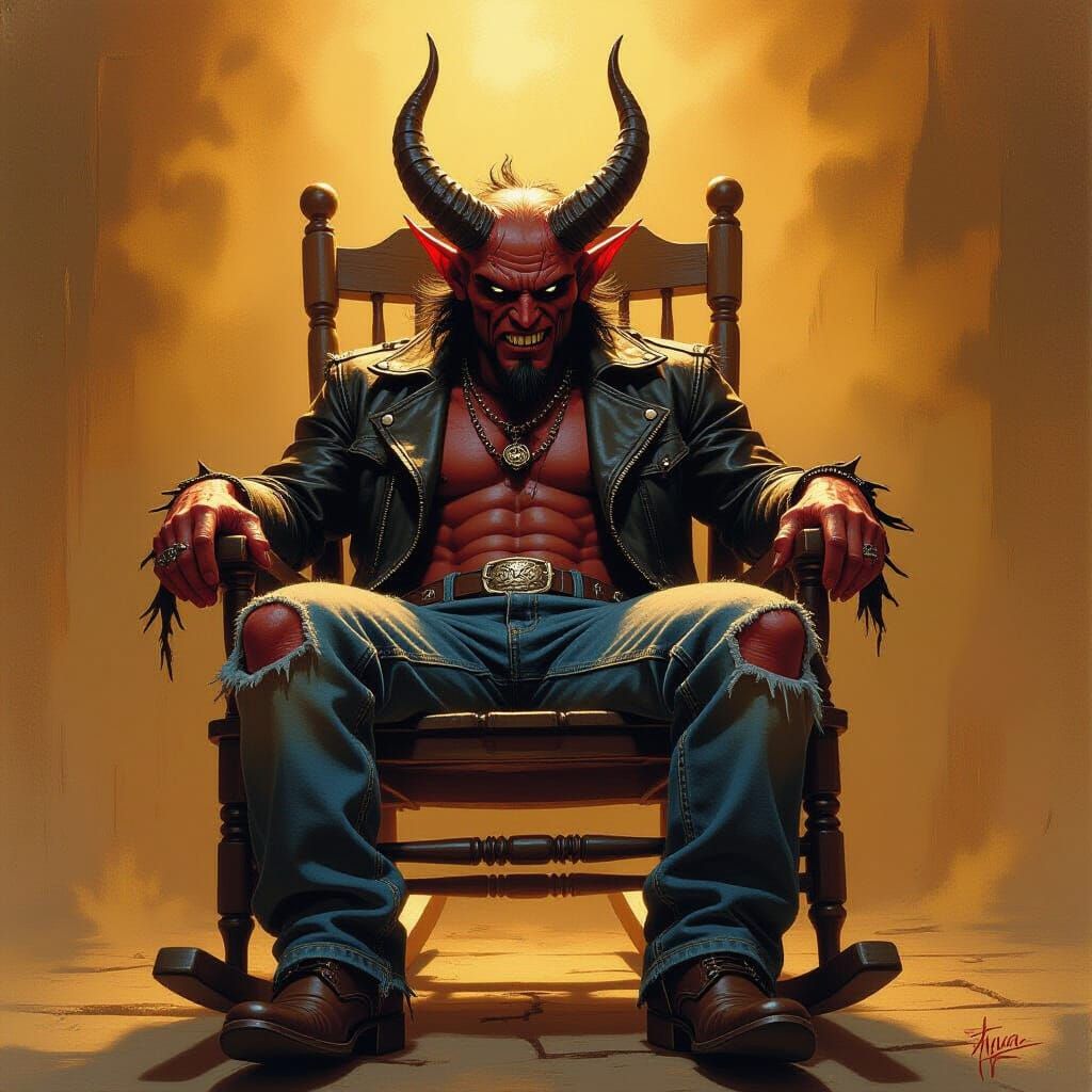 Horned Devil in Golden Light, Fantasy Art Style