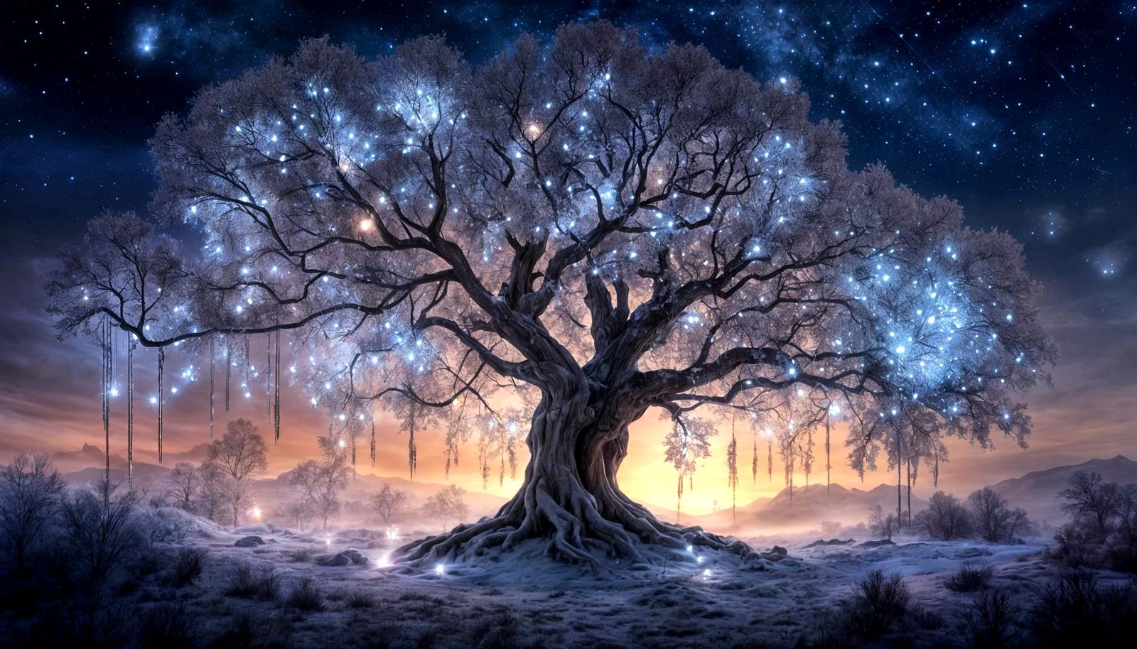 Ethereal Oak Tree Under Celestial Canopy