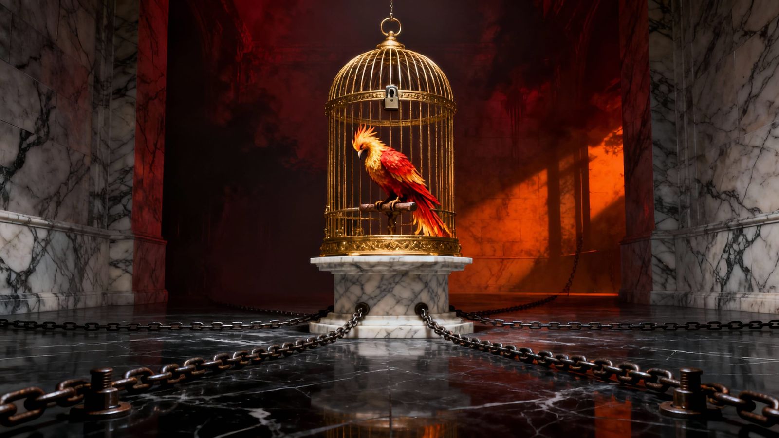 Sad Fire Phoenix Trapped in Golden Cage