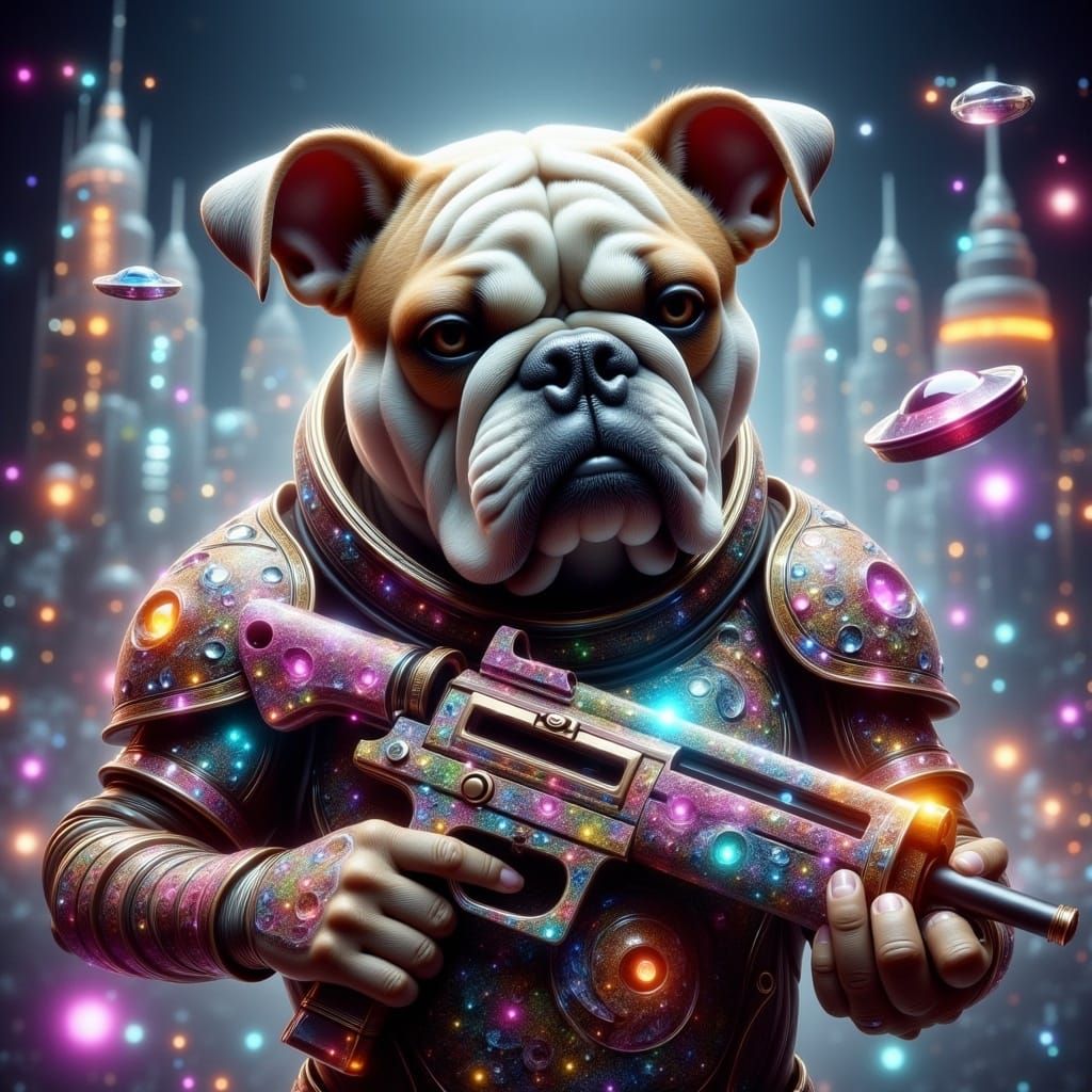 English Bulldog in Diamond Armor Amidst Futuristic Cityscape