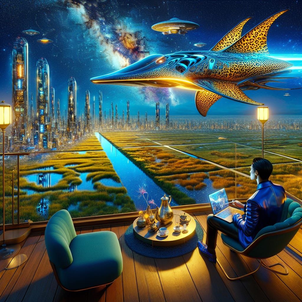 Surreal Futuristic Cityscape at Night with Metallic Stingray...