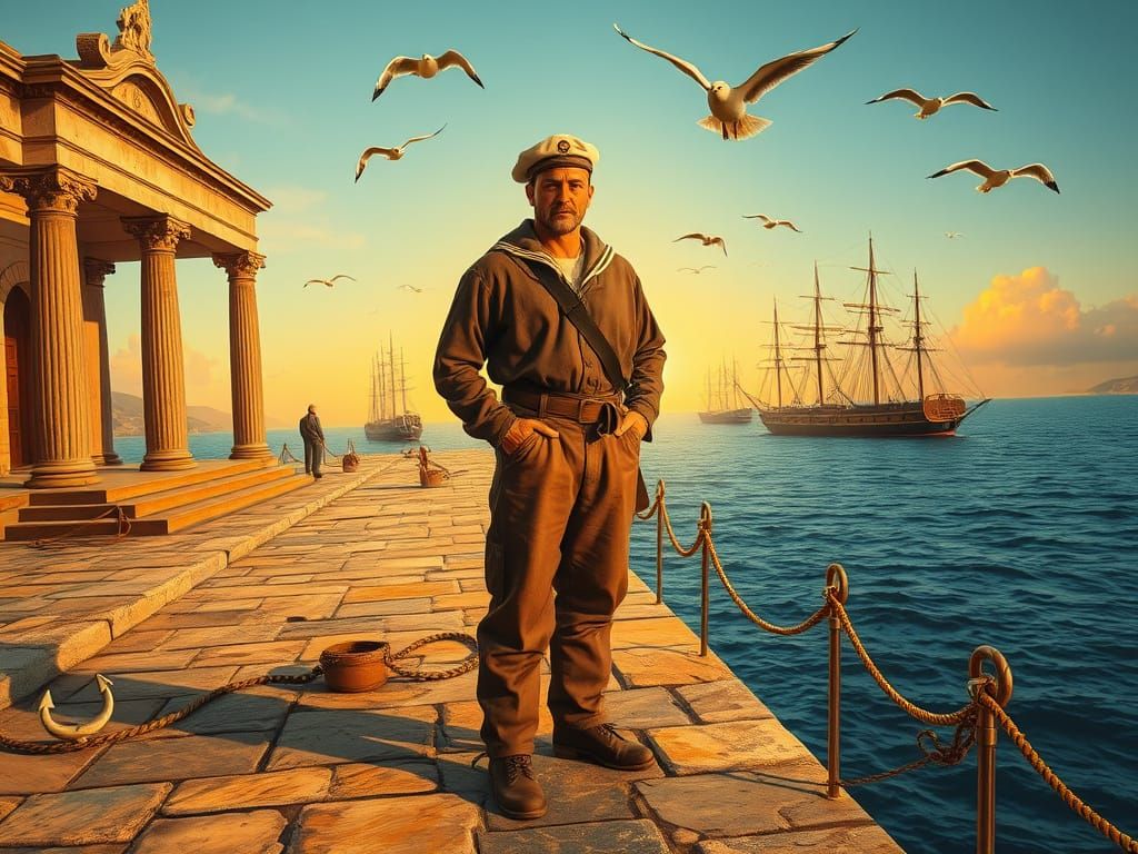 Heroic Sailor at Dawn in Metaphysical Seaport