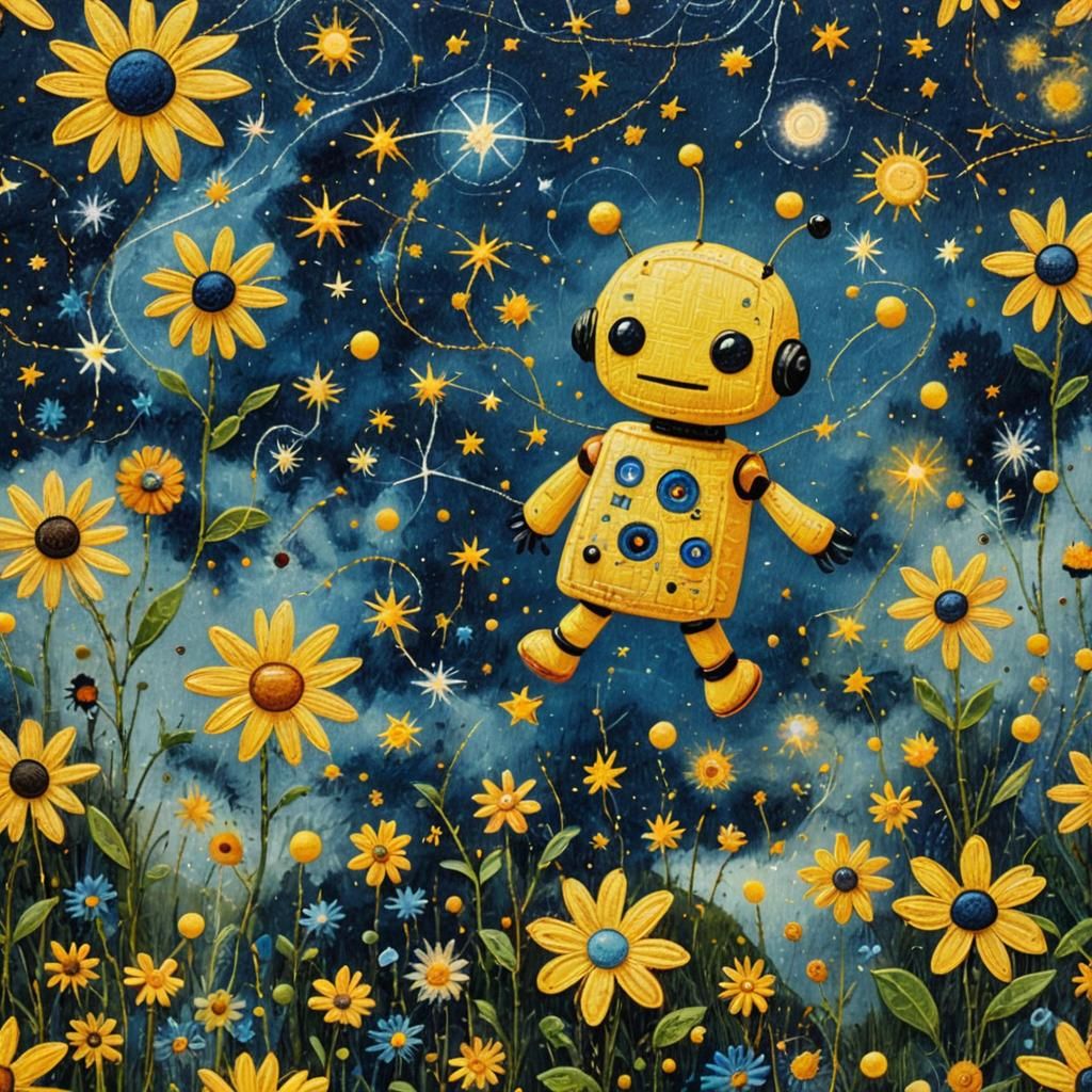 Cute Robot Fairy in Whimsical Needlepoint Art