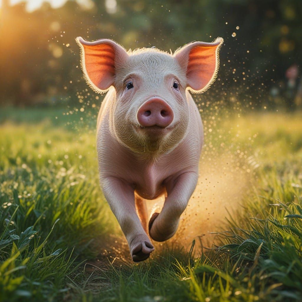 Serene Summer Scene with Pig in Vibrant Oil Painting