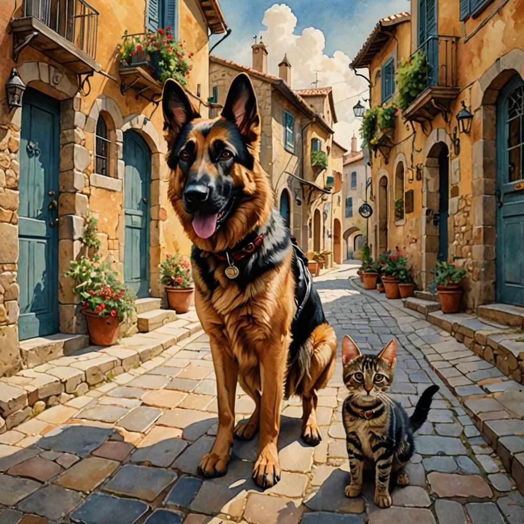 German Shepherd and Cat in Mediterranean Village