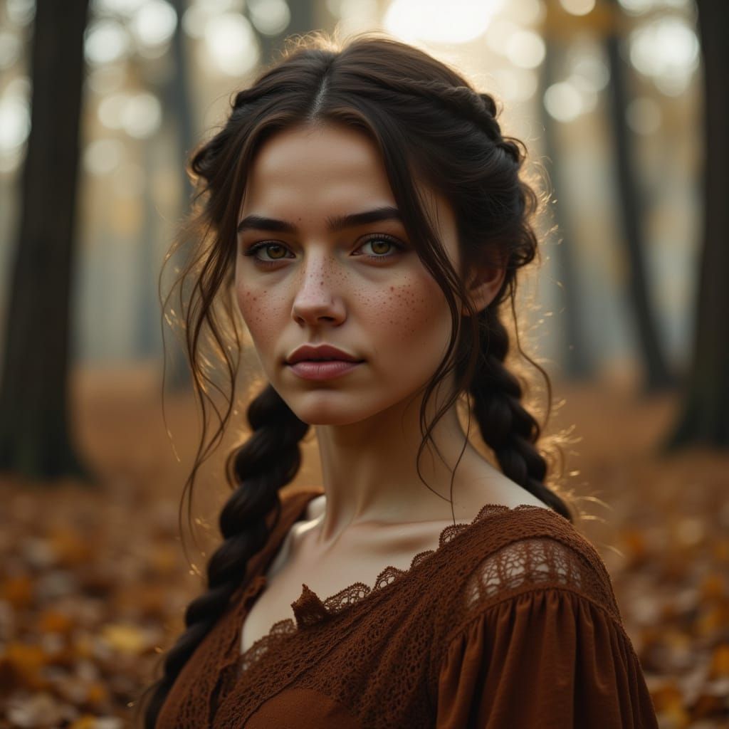 Autumn Woman in Misty Forest Portrait