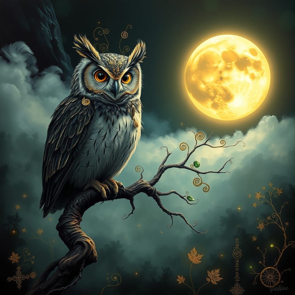 Surrealist Owl in Mystical Landscape with Ethereal Glow