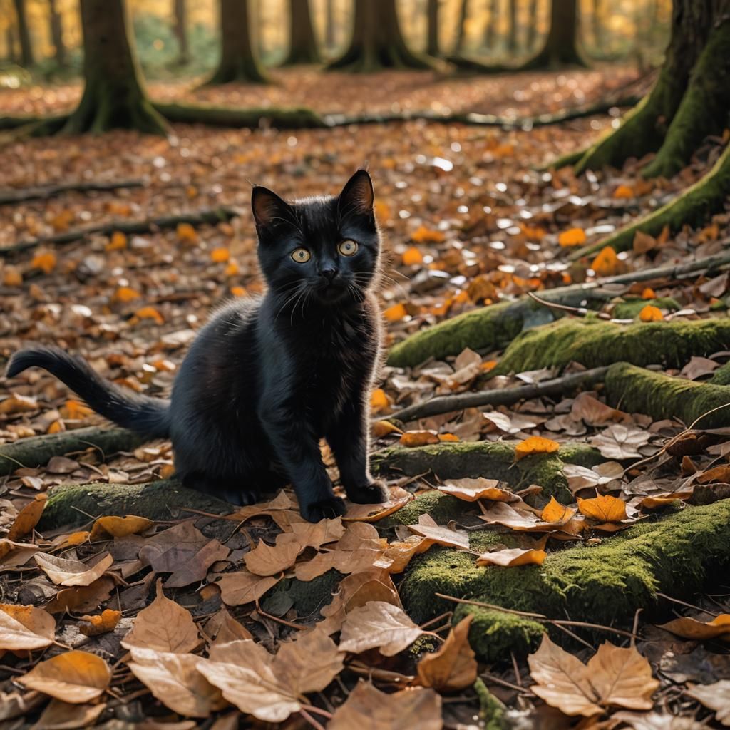 Black Kitten Plays in Autumn Leaves