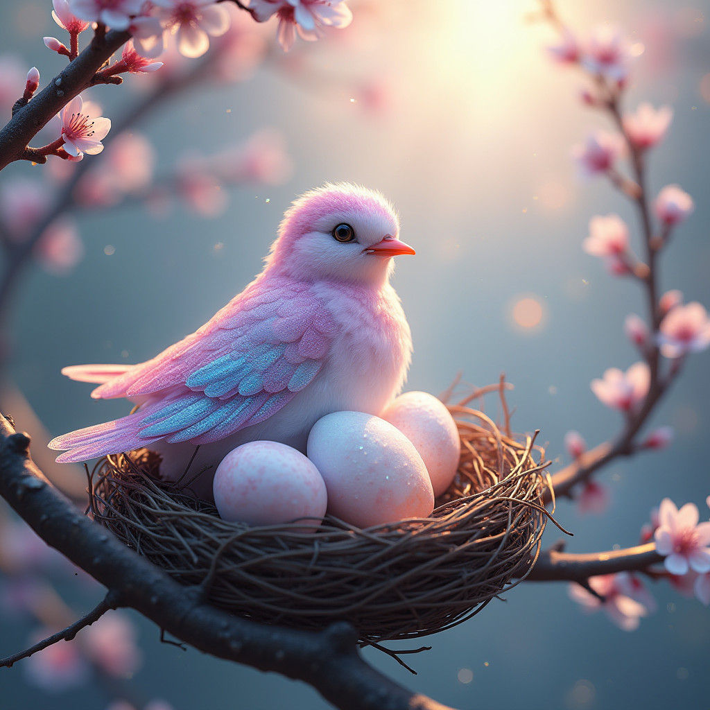 Ethereal Iridescent Bird in Nest with Glowing Eggs