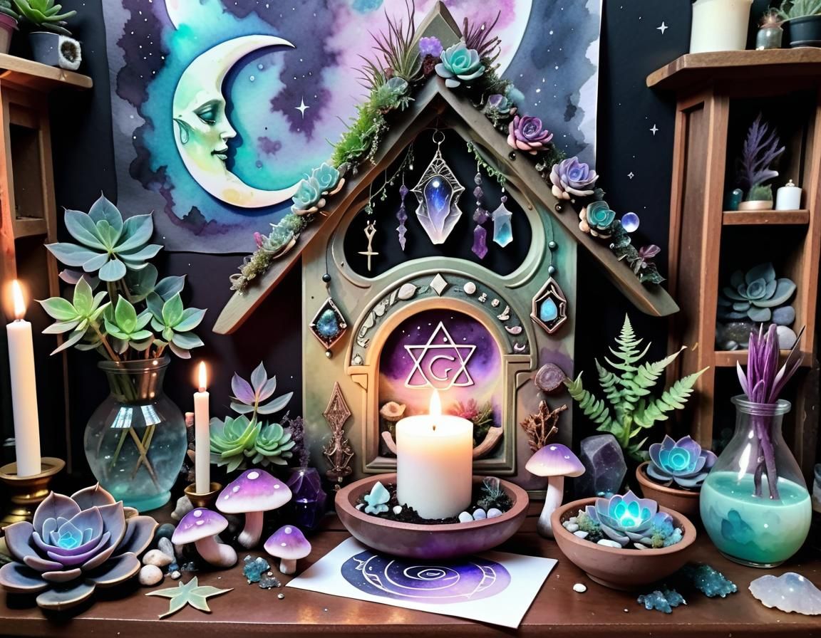 Goddess Altar in Cozy Cabin: Pastel Goth Watercolour