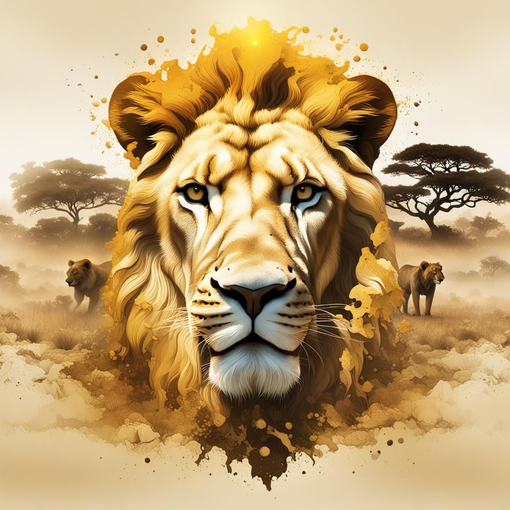 Lion and Savannah Double Exposure: Minimalist Photography