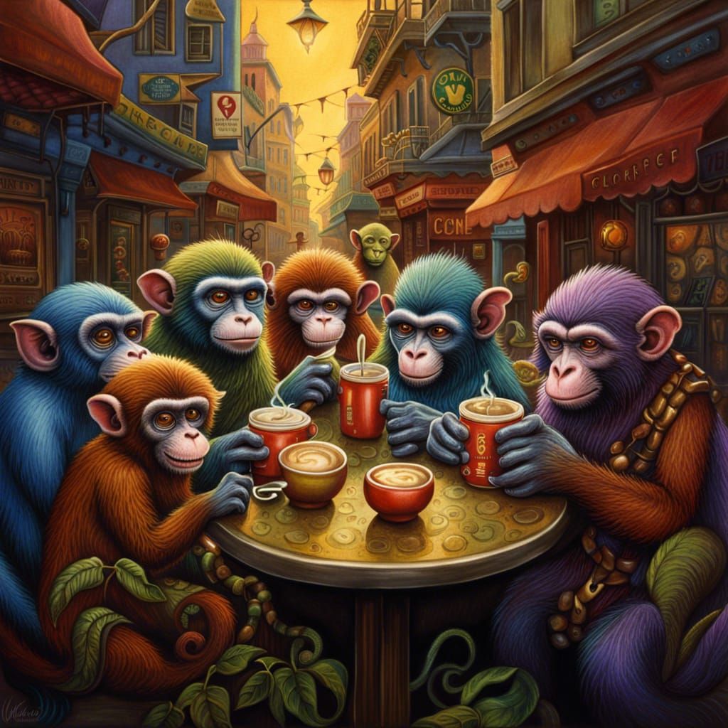 Fantasy Monkeys Coffee Break, Detailed Gouache Illustration