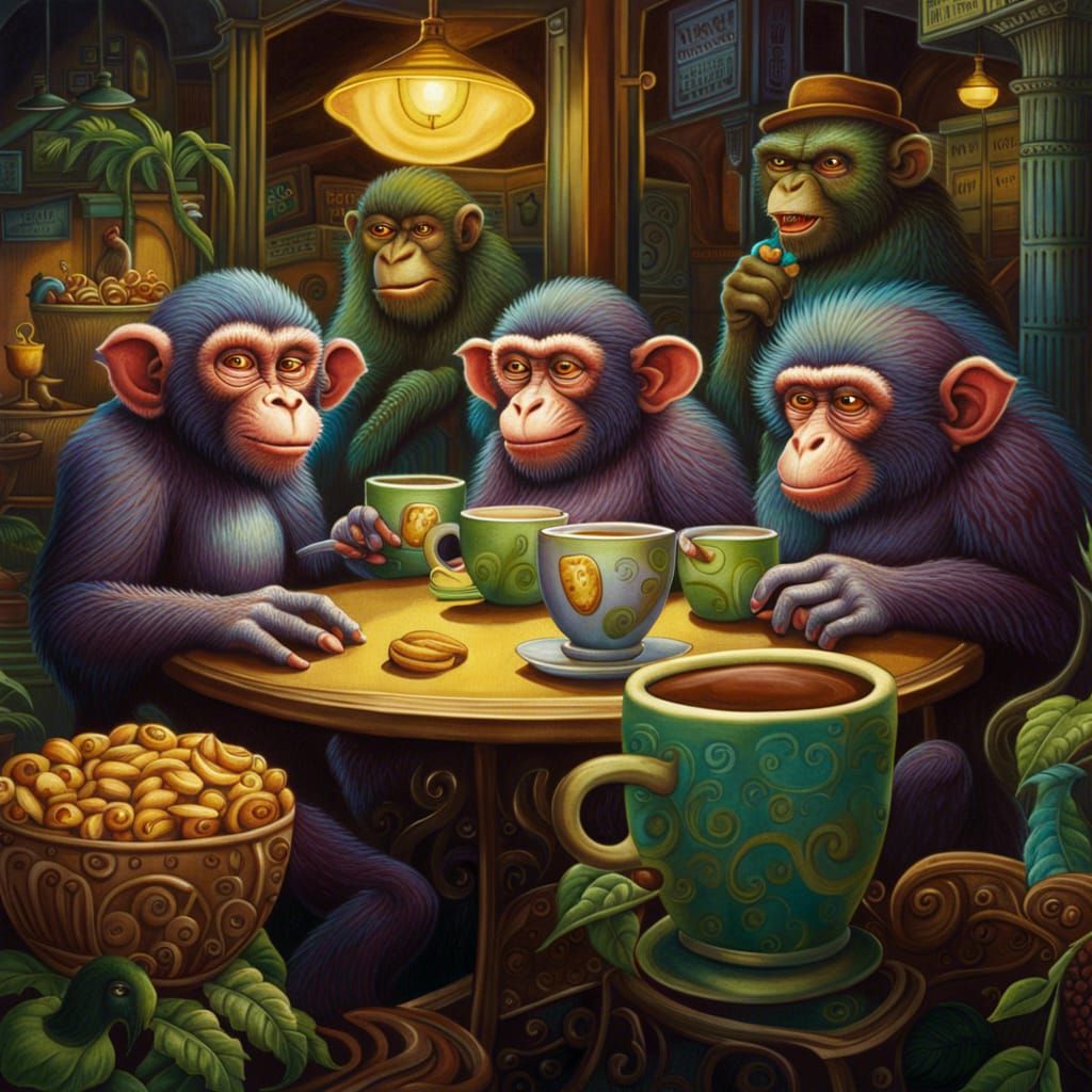 Fantasy Monkeys Coffee Break: Detailed Gouache Illustration
