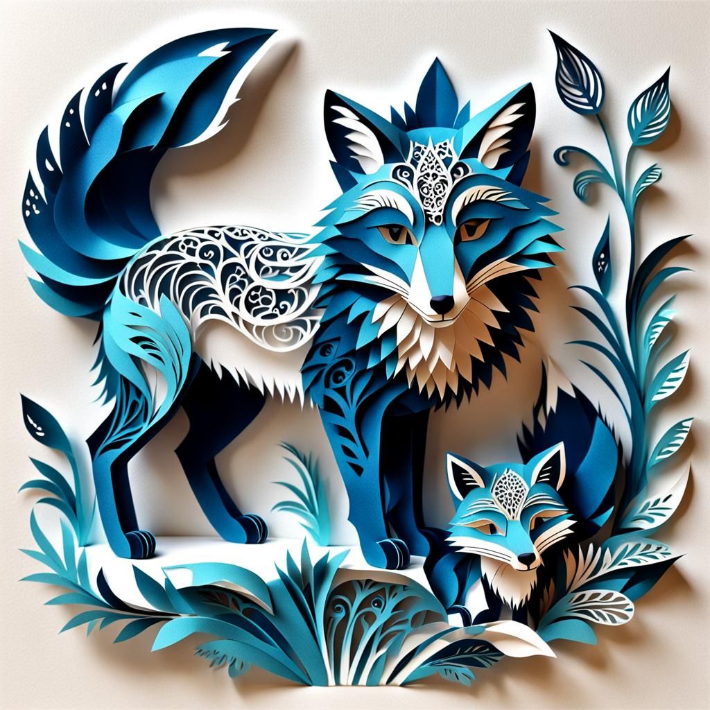Intricate Kirigami Art: Mother and Baby Foxes