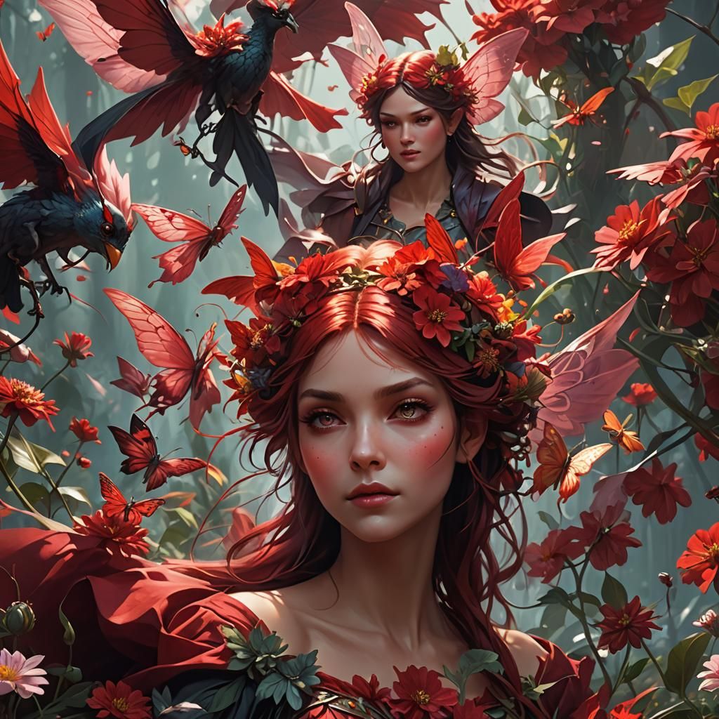 Evil Red Fairies Flying on Flowers in Detailed Portrait
