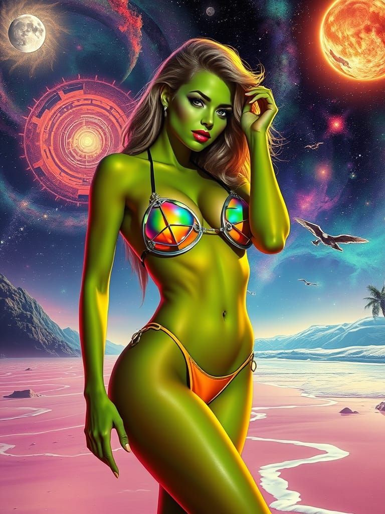Radiant Green Goddess in Cosmic Bikini