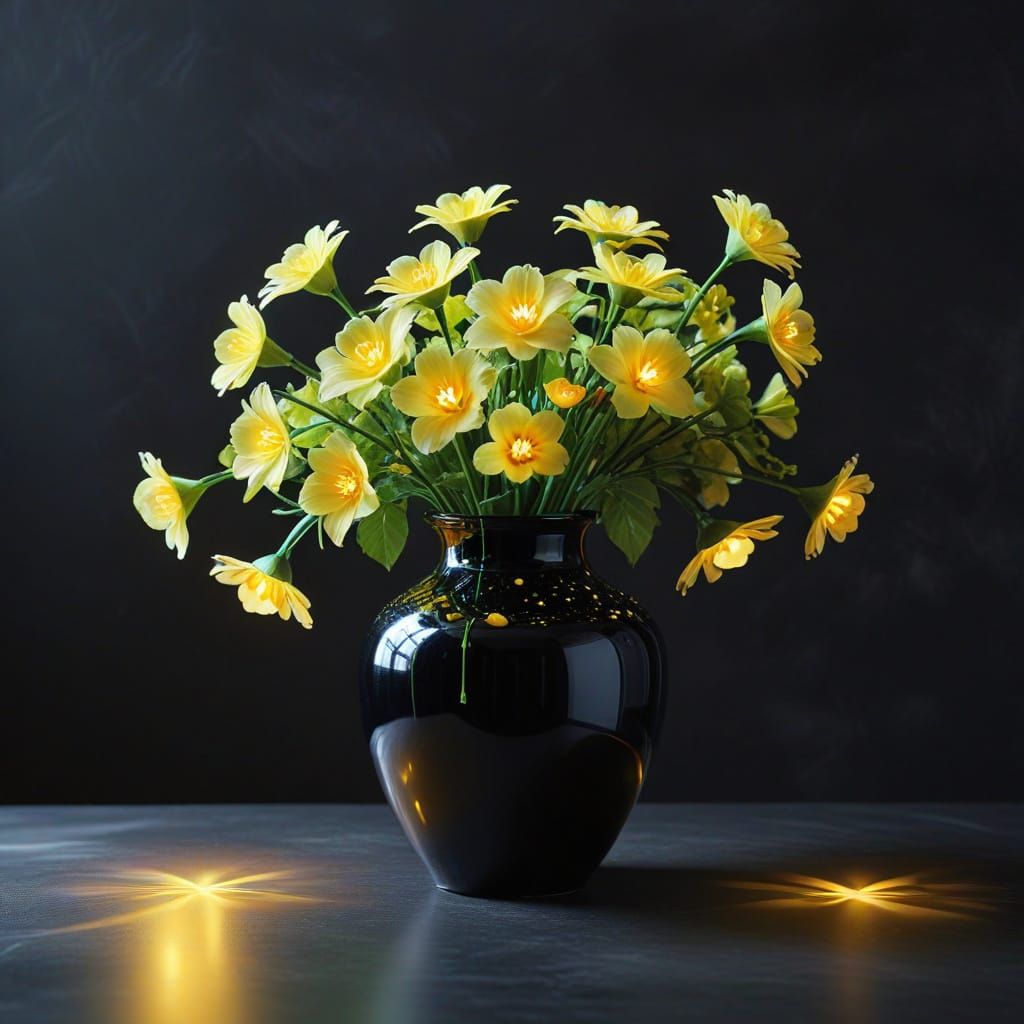 Polished Black Vase with Metallic Green Flowers & Glowing He...