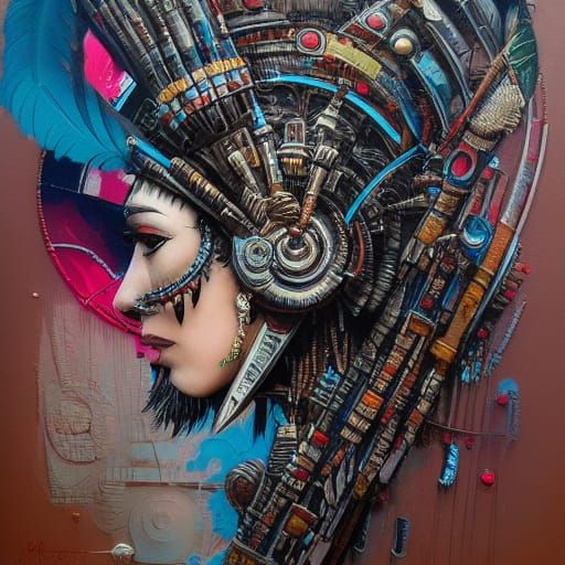 Cybernetic Mayan Warrior Portrait in Atompunk Style