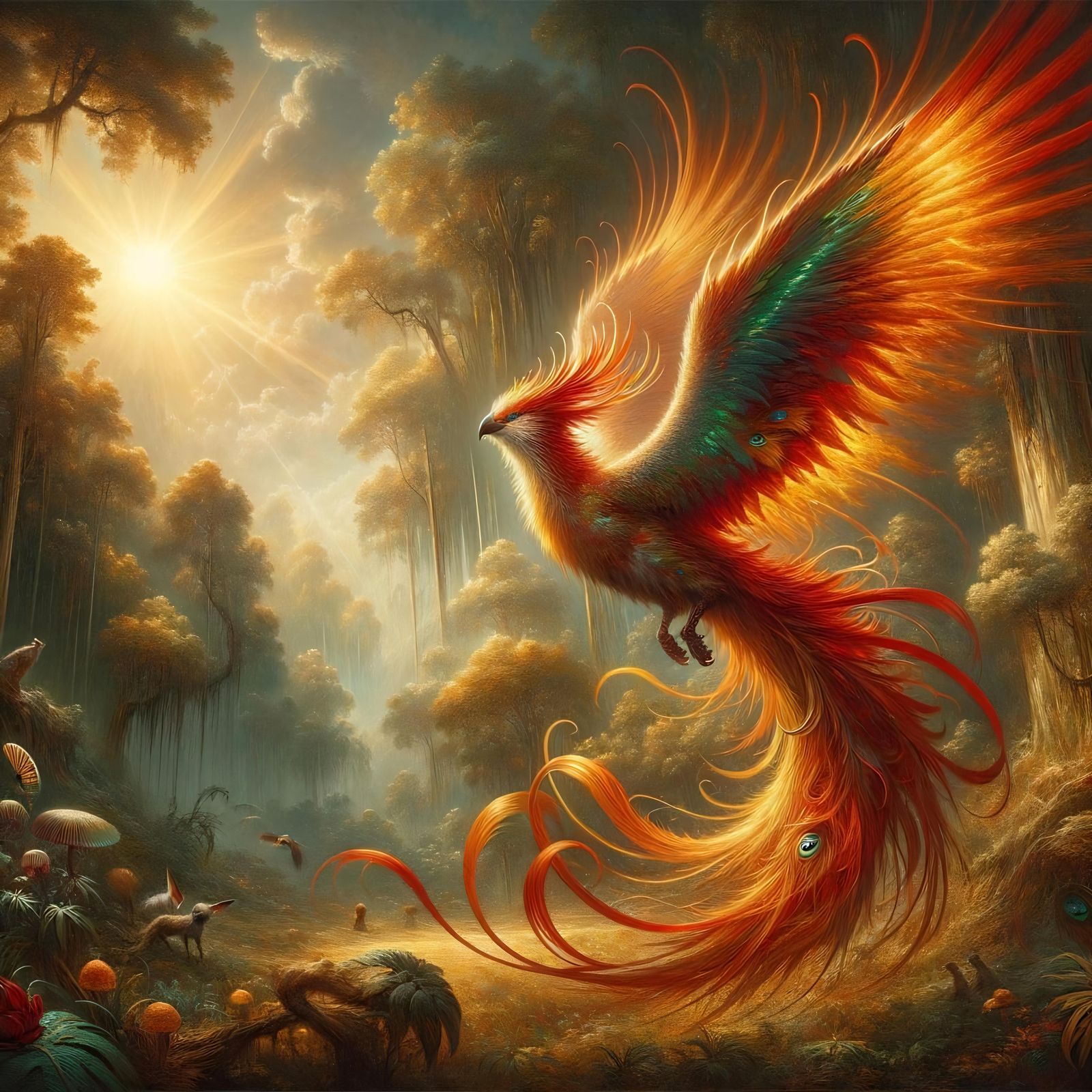 Glorious Phoenix Bird Soaring Over Lush Forest