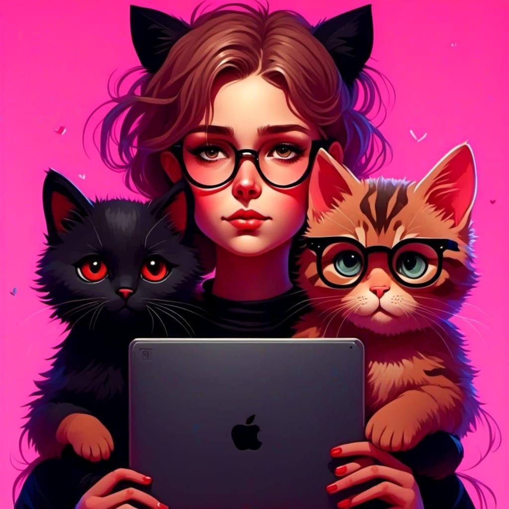 Cute Girl with Laptop and Tabby Cat