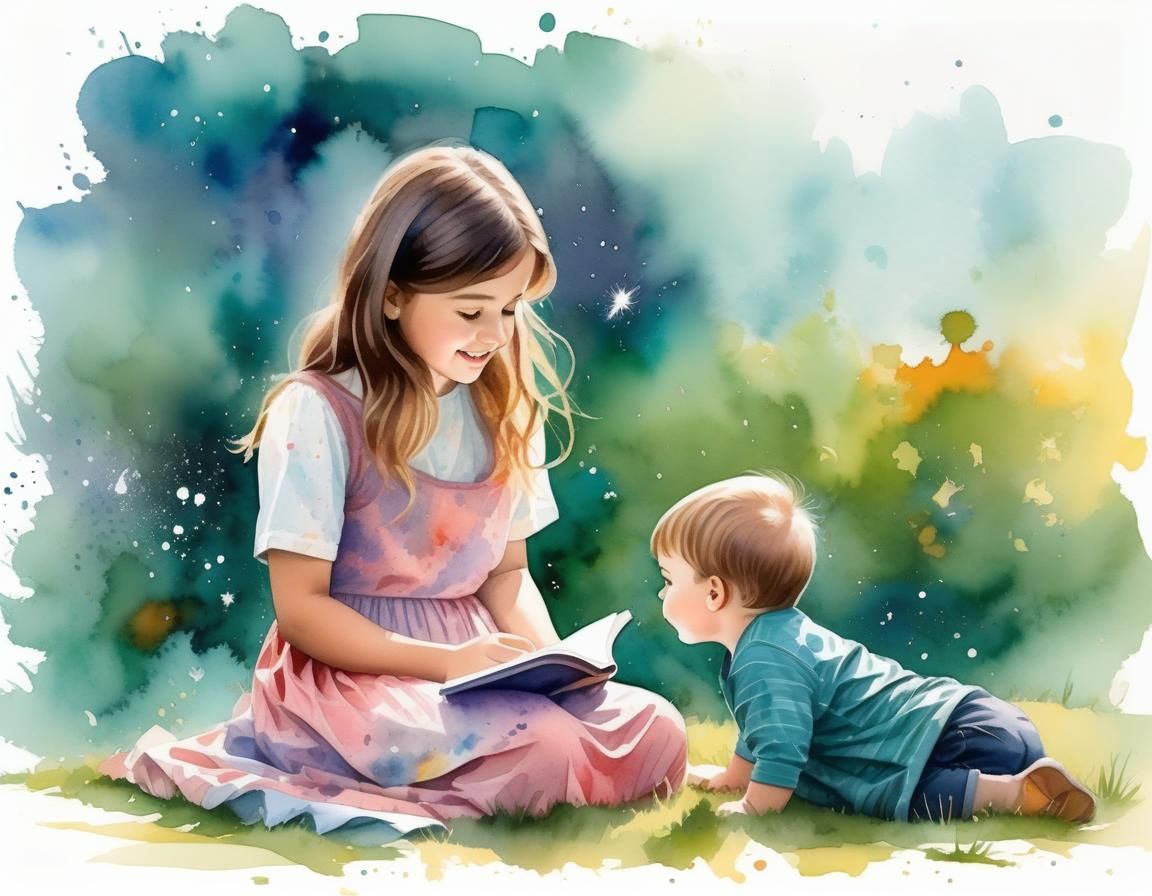 Sister Reads to Brother: Watercolour Storybook Scene