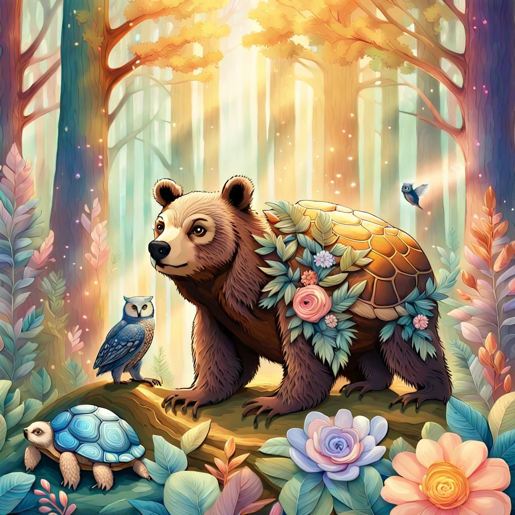 Whimsical Forest Scene with Animals in Folk Art Style