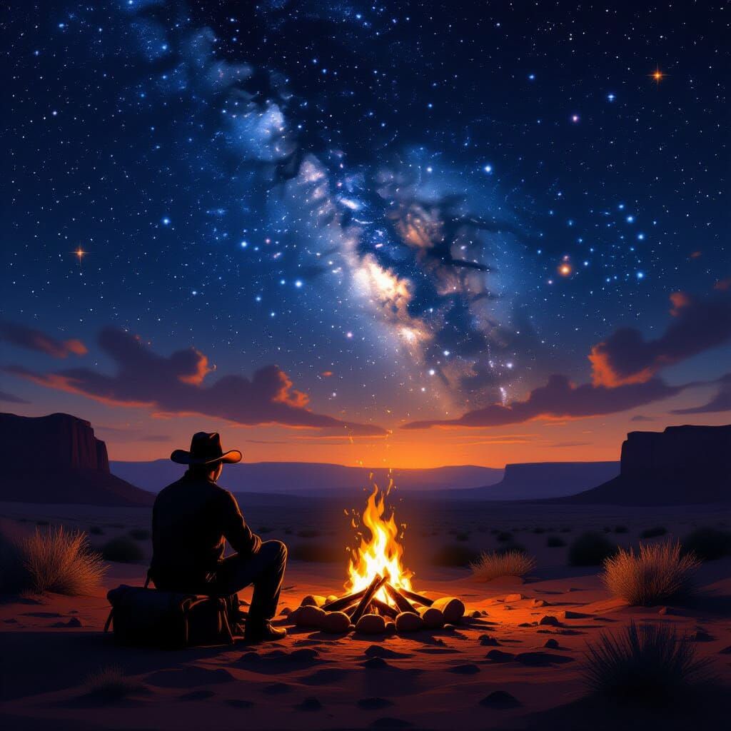 Cowboy Contemplates Ancestors in Desert Night Sky