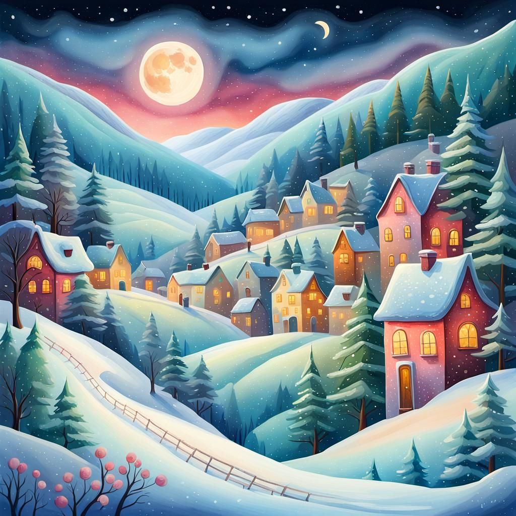 Whimsical Winter Townscape in Naive Art Style
