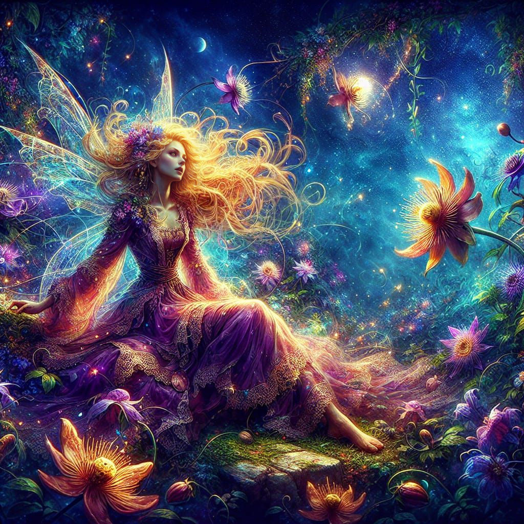 Whimsical Fairy in Vibrant Fantasy Garden