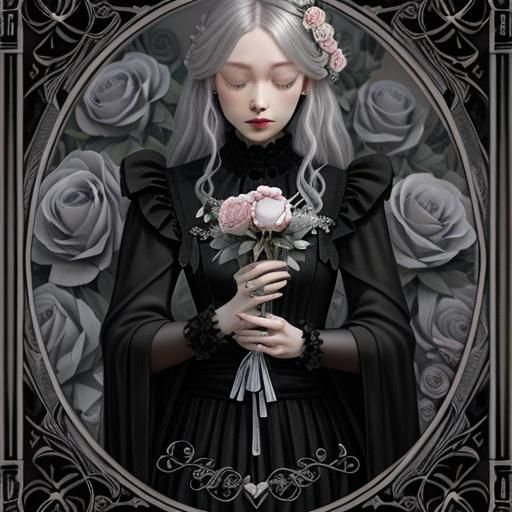 Heart and Flowers Tarot Card in Grayscale