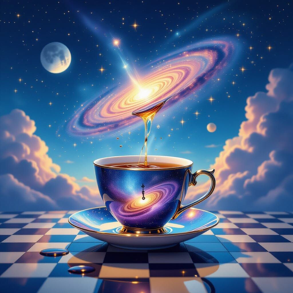 Surreal Dreamscape With Floating Teacup and Melting Clock