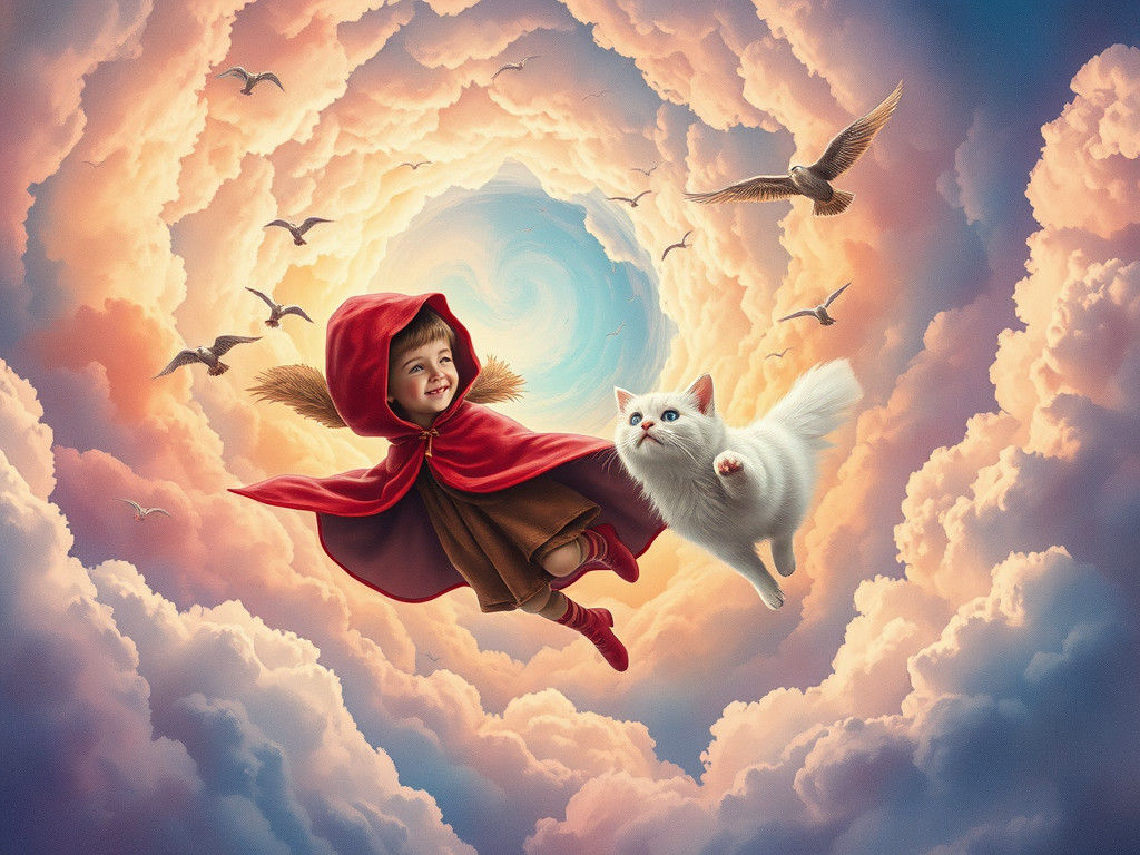 Whimsical Cloudscape with Flying Girl and Cat