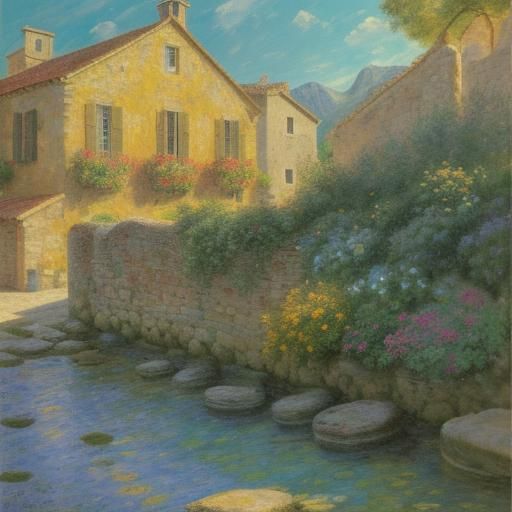 Stone Village by the Turquoise Sea: Impressionist Oil Painti...