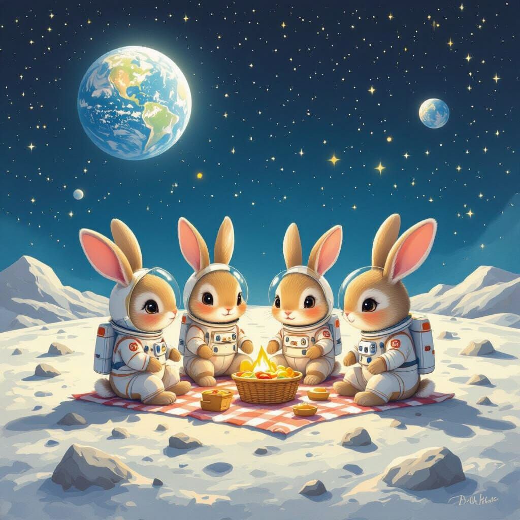 Rabbit Family Picnic on the Moon in Whimsical Style