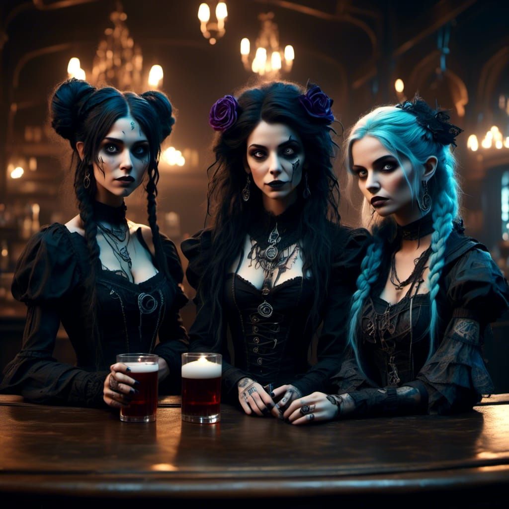 Gothic Women at Tavern in Hyperrealism Style