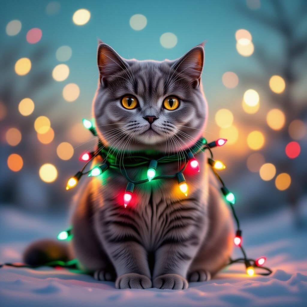 Sweet British Shorthair Cat with Christmas Lights