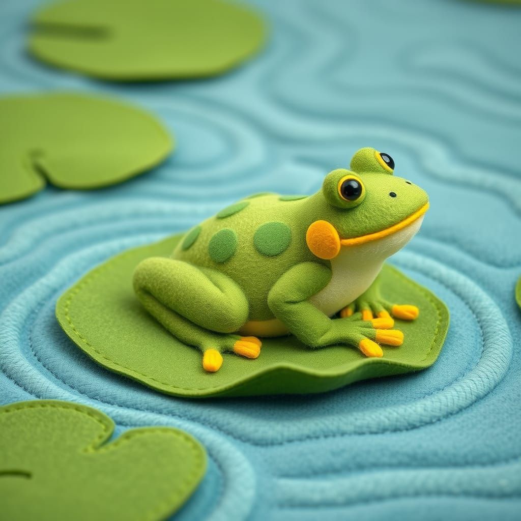 Felt Frog on Lily Pad in Whimsical Style