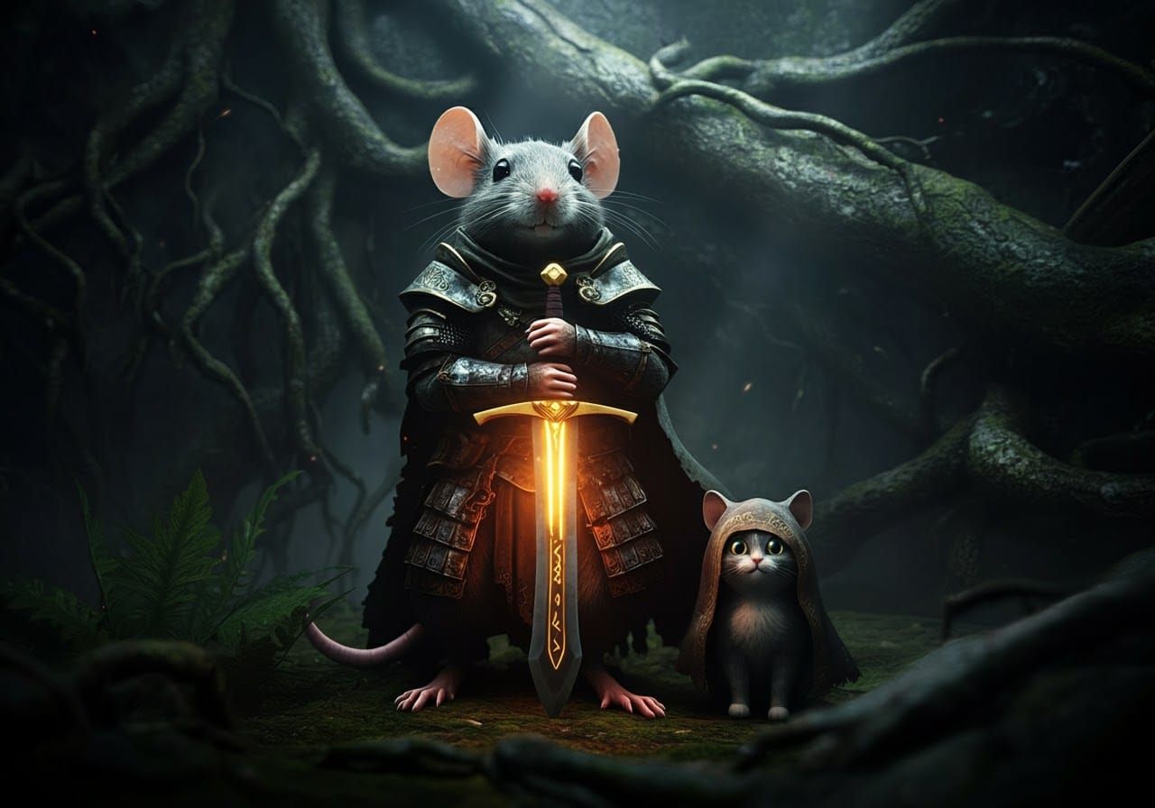 Heroic Mouse Warrior and Kitten in Dark Fantasy Forest