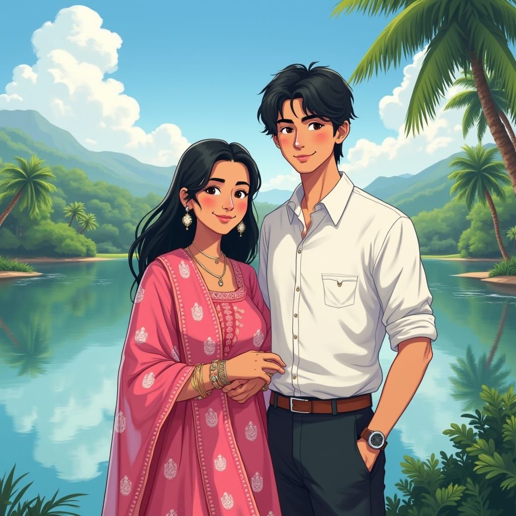 Whimsical Indian Couple by Serene Lake in Studio Ghibli-Insp...