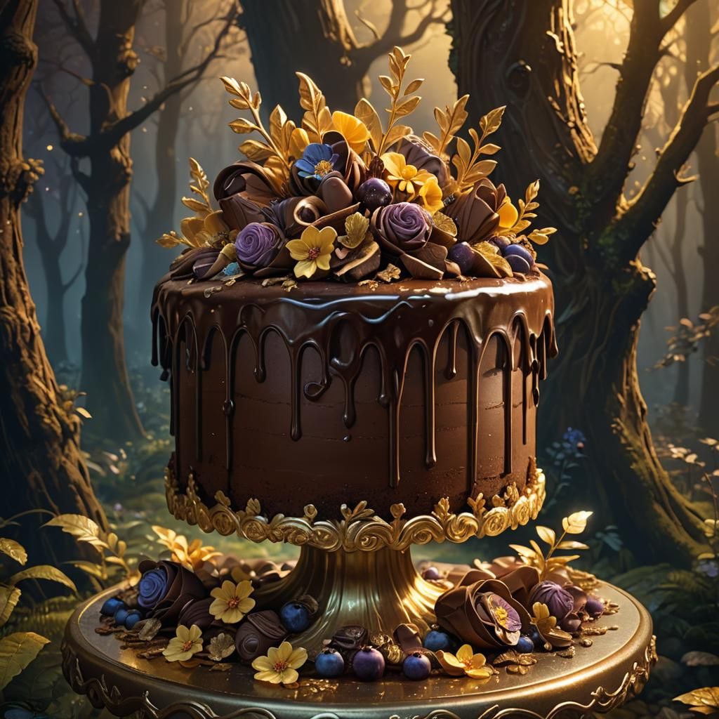 Fantasy Chocolate Cake in Mystical Forest Concept Art