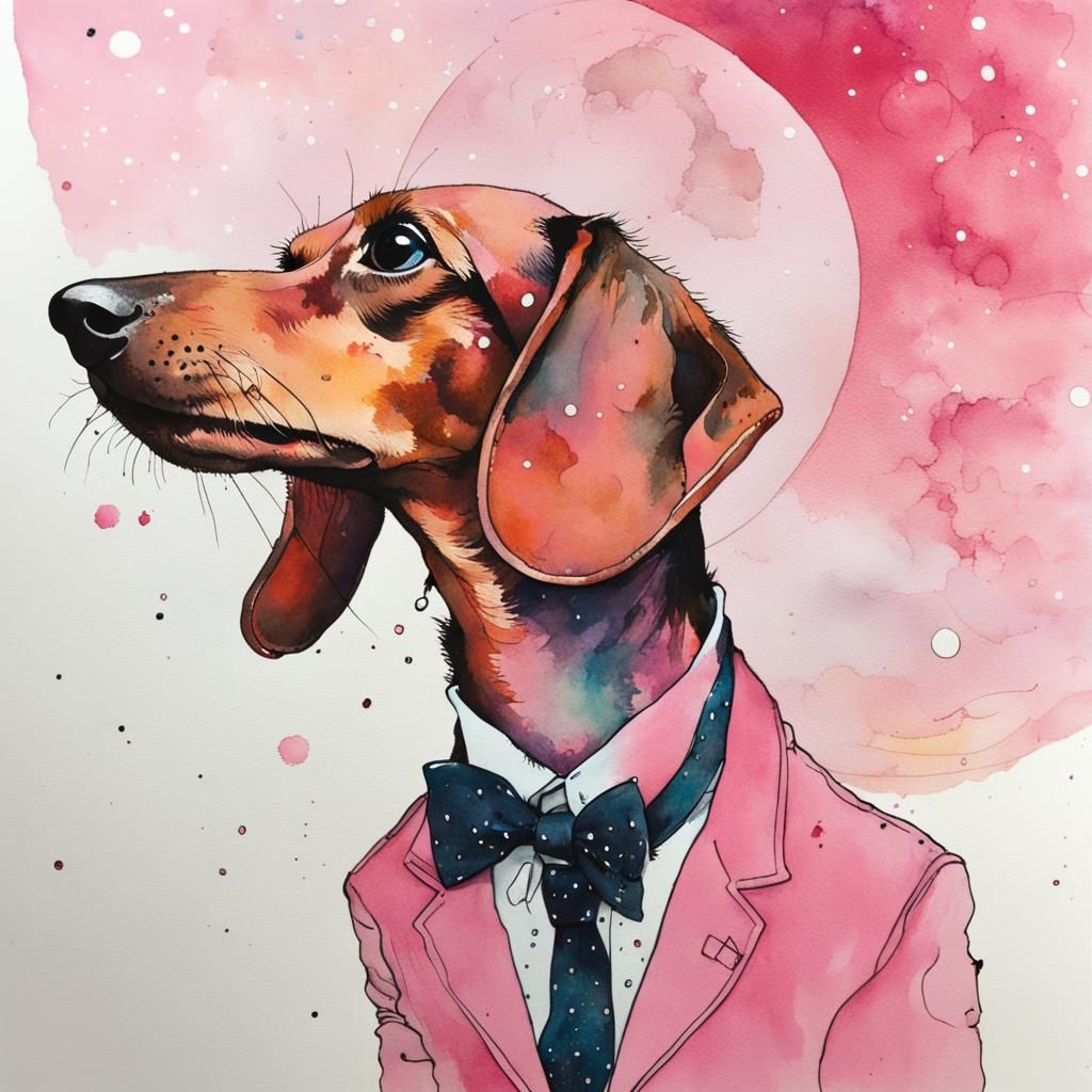 Melancholy Dachshund on the Moon in Watercolor