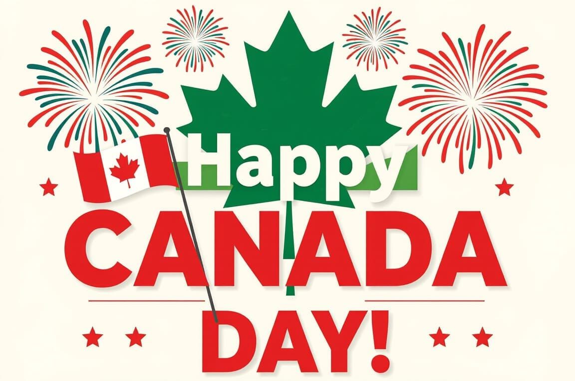 Vibrant Canada Day Poster with Flag and Maple Leaf