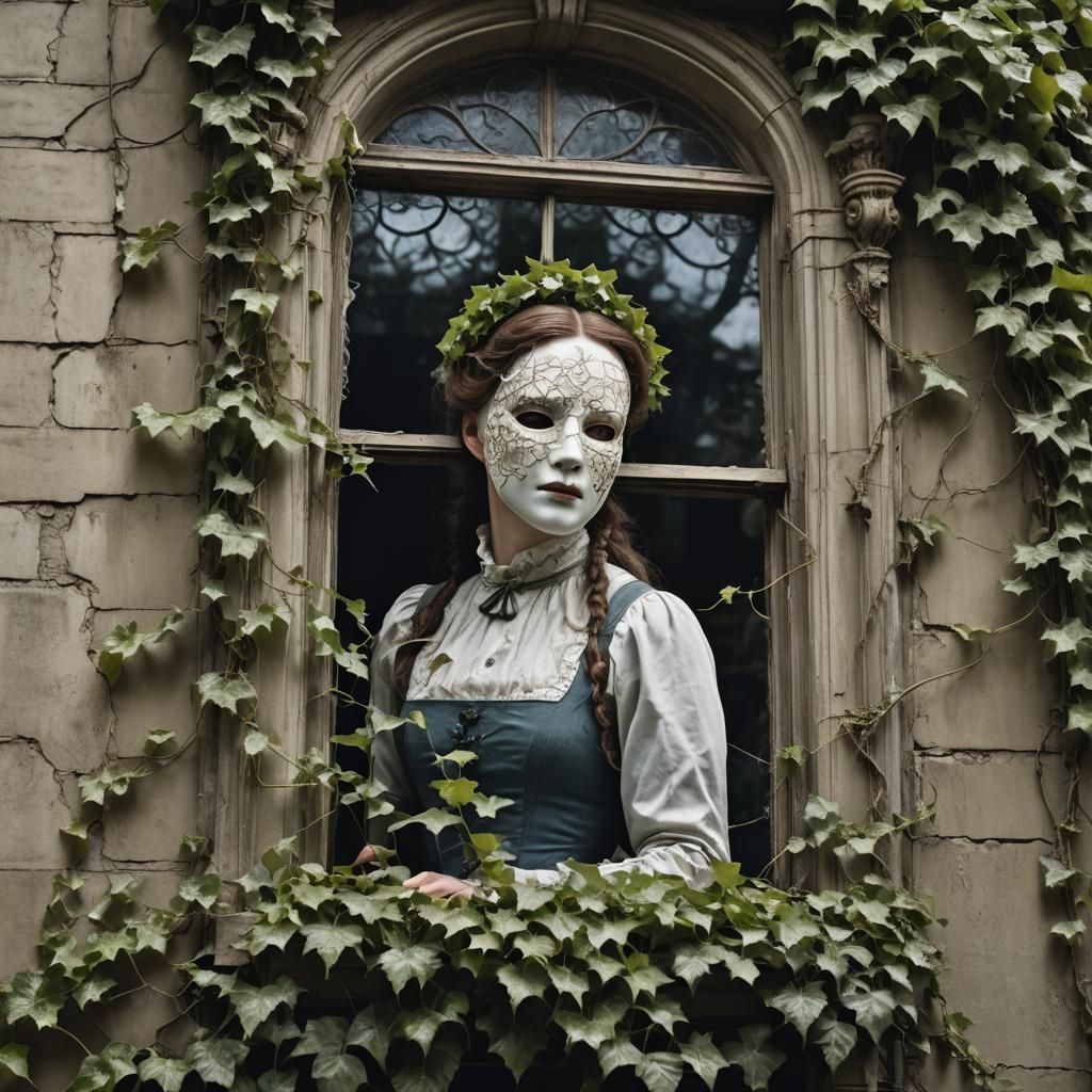 Ominous Woman in Mask at Victorian Window