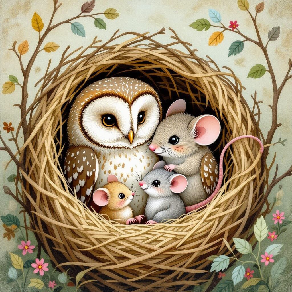 Whimsical Nest: Owl and Mouse with Owlets and Mice