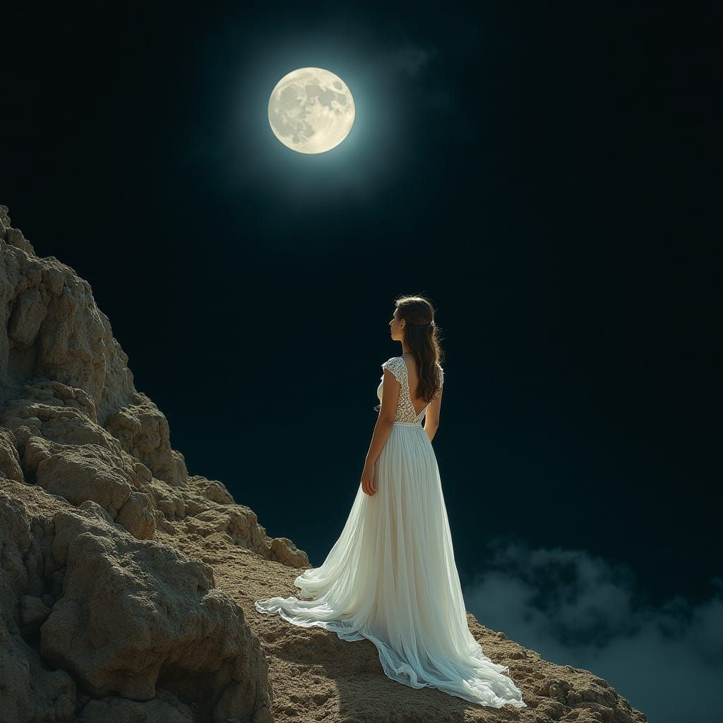 Serene Woman Gazing at Full Moon in the Night Sky