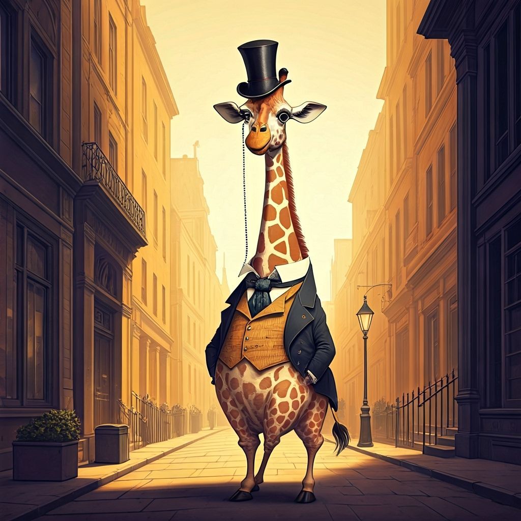 Whimsical Giraffe Caricature in Top Hat on City Street