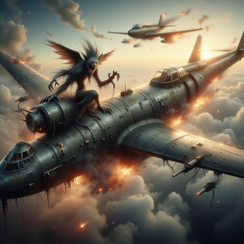 Gremlin Attacks B1 Bomber in Gritty WWII Scene